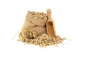 Oats grains in burlap bag over white background Royalty Free Stock Photo