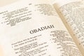 Obadiah prophet open Holy Bible Book on white background. A close-up Royalty Free Stock Photo