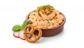 Obatzda Dip Isolated on White Background A Bavarian Cheese Spread Delight with Pretzel Radish and Basil Garnishes A Royalty Free Stock Photo