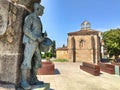 Obdulio FernÃ¡ndez Pando Monument and Oliva church in background, Villaviciosa, Principality of Asturias, Spain