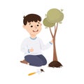 Obedient Boy with Good Breeding Planting Tree in Soil Vector Illustration