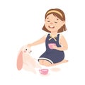 Obedient Girl with Good Breeding Playing with Fluffy Toy Vector Illustration