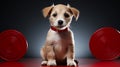 Obedient puppy sitting on a dark background with red tones and wearing a collar