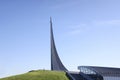 Obelisk Conquerors of Space close to VDNH metro station in Moscow, Russia. Sunny summer view.