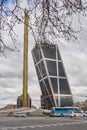 Obelisk de la Caja, aka Obelisk of Calatrava and one of the Kio towers in the famous Plaza de Castilla in Madrid Royalty Free Stock Photo