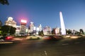 Buenos Aires Argentina Avenida 9 de Julio obelisk at night illuminated with advertising posters