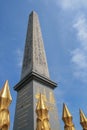 The Obelisk of Luxor on the Place de la Concorde in sunny day. Famous sight of Paris. Luxor obelisk close up and hieroglyphics on