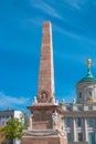 Obelisk with sphynx statues at the Evangelical church Saint Nikolai at blue sky Potsdam, Germany, details, closeup