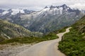 Oberaar panoramic mountain road and glacier in Switzerland in Alps Royalty Free Stock Photo