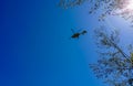 OBERBACH, WILDFLECKEN, BAVARIA, GERMANY - APRIL 30, 2019, ADAC rescue helicopter Christoph 28 starts on its way to hospital after