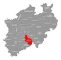 Oberbergischer Kreis red highlighted in map of North Rhine Westphalia DE Royalty Free Stock Photo