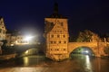 Obere bridge (brÃÂ¼cke) and Altes Rathaus at night in Bamberg, Ge