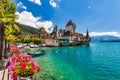 Oberhofen Castle at Lake Thunersee in swiss Alps, Switzerland. Schloss Oberhofen on the Lake Thun (Thunersee)