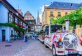 Tourist excursion train in an Obernai town center. Obernai is one of the most beautiful town on the wine route in Alsace, France