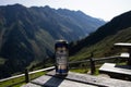 OBERSULZBACH , AUSTRIA 19 September , 2020 A can of Zipfer beer on a table with a mountain panorama