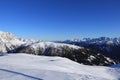 Obertilliach ski resort in west Austria in Tyrol. Panorama on Gailtal Alps with blue sky from top of Golzentipp. Scenery of ski