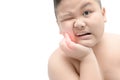 Obese asian fat boy suffering from toothache isolated Royalty Free Stock Photo
