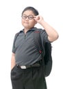 Obese asian student wear glasses with school bag