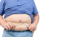 Obese boy measures his fat belly with a measuring tape isolated on white Royalty Free Stock Photo