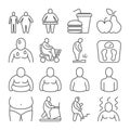 Obese classification, unhealthy overweight people and body appearance levels vector line icons