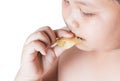 Obese fat boy eat potato chip Royalty Free Stock Photo