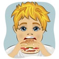 Obese fat boy eating chicken cheese hamburger Royalty Free Stock Photo
