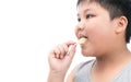 Obese fat boy eating potato chips isolated Royalty Free Stock Photo