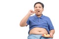 Obese fat boy eating potato chips isolated on white background Royalty Free Stock Photo