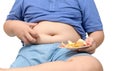 Obese fat boy holding potato chips isolated, junk food concept Royalty Free Stock Photo