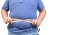 Obese fat boy measuring tape of stomach isolated on white background Royalty Free Stock Photo