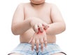 Obese fat boy scratch the itch with hand. itching isolated