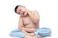 Obese fat boy suffering from neck pain isolated