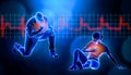 Obese of fat man kneeling while suffering from a heart attack 3d rendering illustration. STEMI heart rate EKG in the background Royalty Free Stock Photo