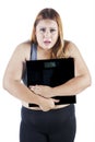 Obese female is holding a weight scale