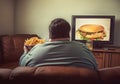 An obese man sitting on the couch eating fast food and watching television bad health habits Generative AI Illustration Royalty Free Stock Photo