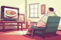 An obese man sitting on the couch watching fast food on the television sedentary bad health habits Generative AI Illustration Royalty Free Stock Photo