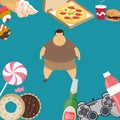 Obese overweight man kids eating sugar candy donut junk food