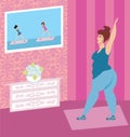 Obese woman doing home exercises while watching program on telev Royalty Free Stock Photo