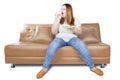 Obese woman enjoying donuts in the studio Royalty Free Stock Photo