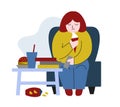 Obese woman. Fat woman sitting on chair and eating. Concept of obesity, binge eating disorder, food addiction. Mental