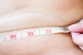 Obese woman with operation scar measuring her waist with a tape measure. Loosing fat after operation. Healthy lifestyle. Diet Royalty Free Stock Photo