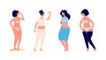 Obese women. Sad depressed overweight girls. Food addiction, eating mental disorder. Problems of fat female vector