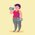 Obese young woman with dumbbells Funny cartoon illustration