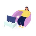 Obese young woman, fat girl sitting on couch and watching tv. Food addiction, obesity and eating and nutritional disorder Royalty Free Stock Photo