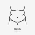 Obesity line icon, vector pictogram of woman with fat belly. Girl having body overweight illustration, unhealthy