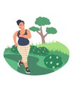 Obesity and weight problems. Fat woman jogging in the park, flat vector illustration. Weight loss, healthy lifestyle. Royalty Free Stock Photo