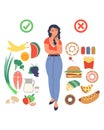 Obesity and weight problems. Young woman choosing between healthy and unhealthy food, flat vector illustration. Royalty Free Stock Photo