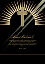 Obituary template with golden cross and light beams. tasteful luxurious funeral announcement with golden decor on black