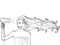 Object Children coloring, black lines, white background. A girl with long hair dries a hairdryer. Advertising of shampoo