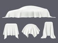 Object covered silk. Tablecloths satin textile reveal curtain podium covered vector realistic template